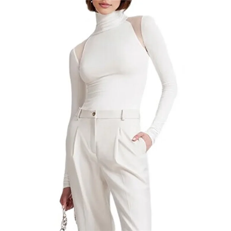 

ABRT-Women's Mesh Splicing Long Sleeve Tops See-Through Bodysuit Party Club Nightclub Bodysuit