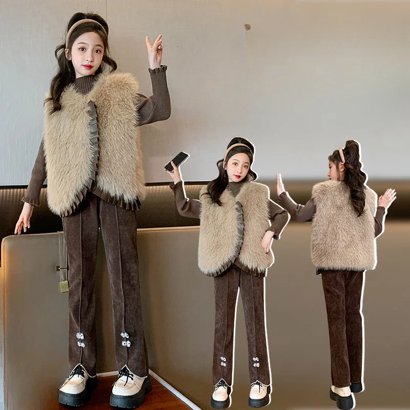 Girls Suits 2024 New Korean Version Foreign Hair Vest Base Sweater Fashion Plus Fleece Bell Bottoms Three-piece Set Clothes