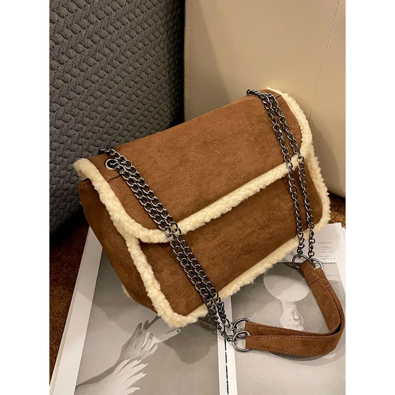 Winter Large Capacity Faux Suede Chain Crossbody Bag Fashion Lamb Wool Splice Square Bag High-End Texture Women New Shoulder Bag