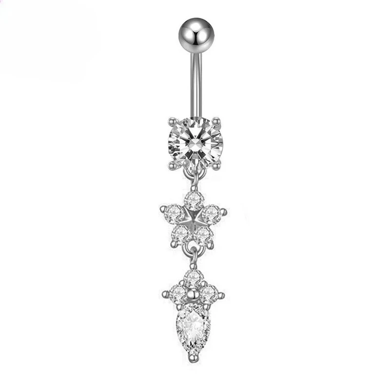 Titanium Ins Luxury Exquisite Flower Long Pendant Navel Stud Drop Diamond Tassel Belly Button Ring Fashion Piercing Jewelry