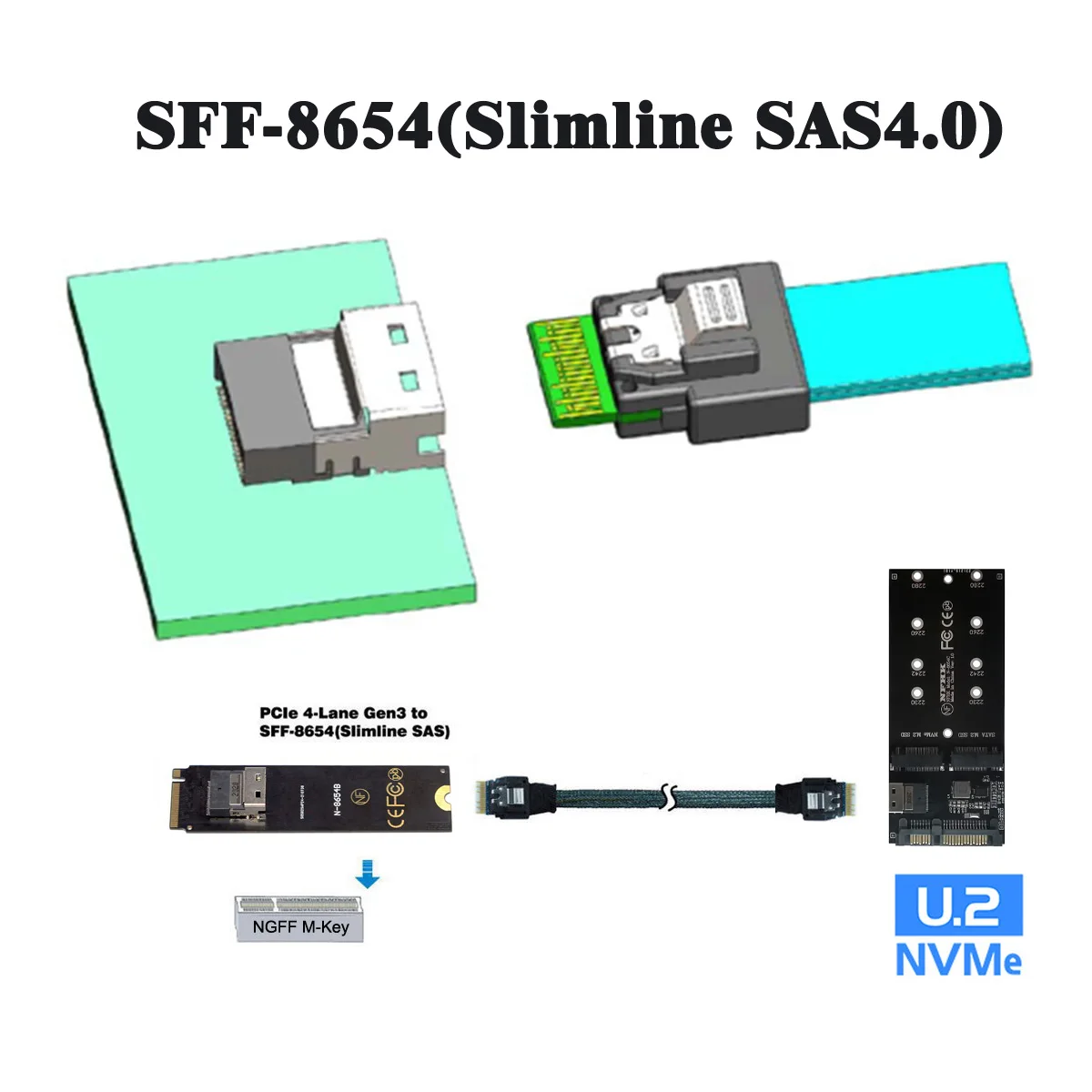 Cabo com Slim SAS para PCI-E Slimline, Host Target, NGFF, 40 pinos, 38Pin, 50cm, NGFF
