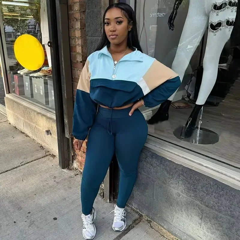 Sporty Casual Two Piece Set for Women Sweatsuit Fall Winter Patchwork Sweatshirt Top and Pants Running Tracksuit Joggings Femme