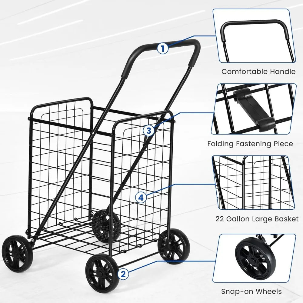 عربة بقالة IRONMAX قابلة للطي شديدة التحمل بعجلات كبيرة لسهولة الإعداد ونقل خفيف الوزن