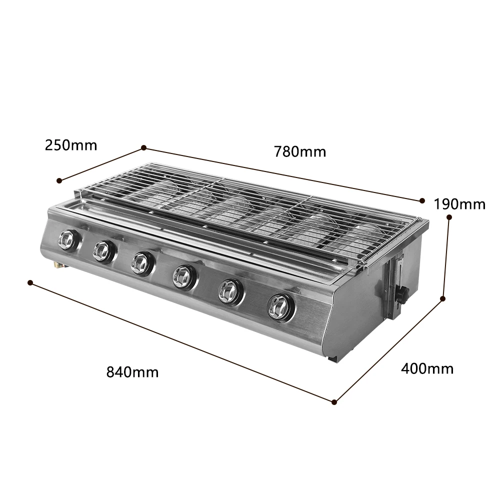 ITOP gpl BBQ Grill 6 fuochi Picnic all'aperto Barbecue stufa 78*25cm Area di cottura scudo in vetro copertura in vetro calotta in acciaio inossidabile