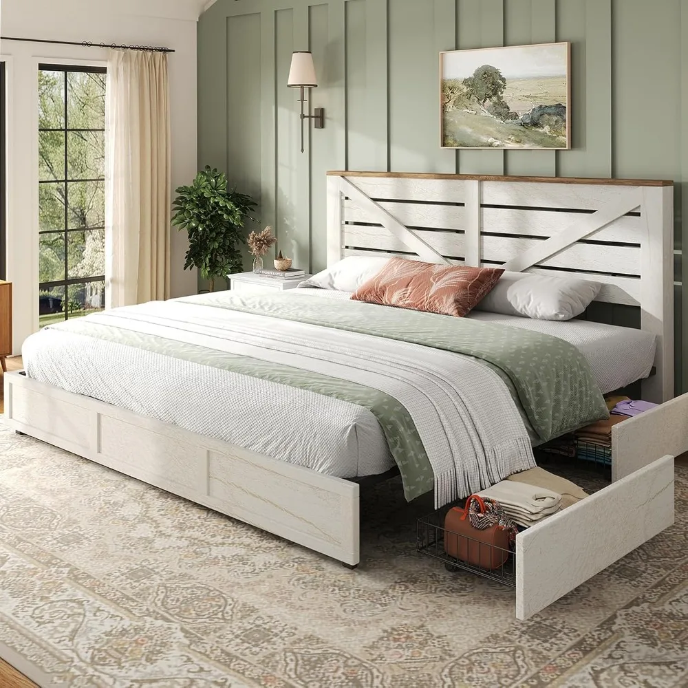 

48.8" H King Size Bed Frame with 4 Storage Drawers, Farmhouse Platform Bed with Barn Door Headboard, Rustic Wood Grain, No Box S