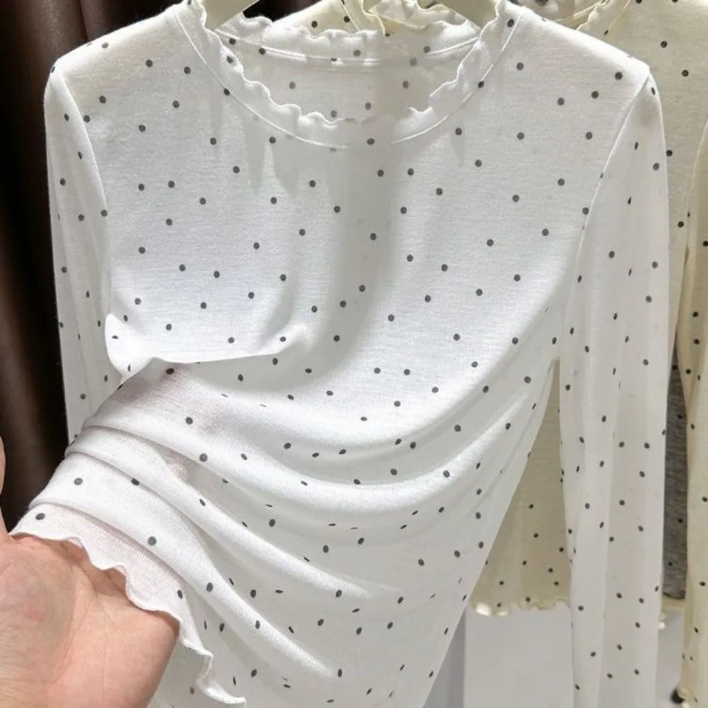 Simple Office Lady Fungus Long Sleeve T-shirt Thin O Neck Polka Dot Women Clothing Sunscreen All-match Casual Undershirt