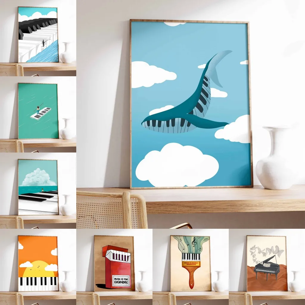 1PC frameless decorative art print,Nordic Modern Abstract Canvas Poster Music Imagination Wall Art Black and White Piano Keys Pr