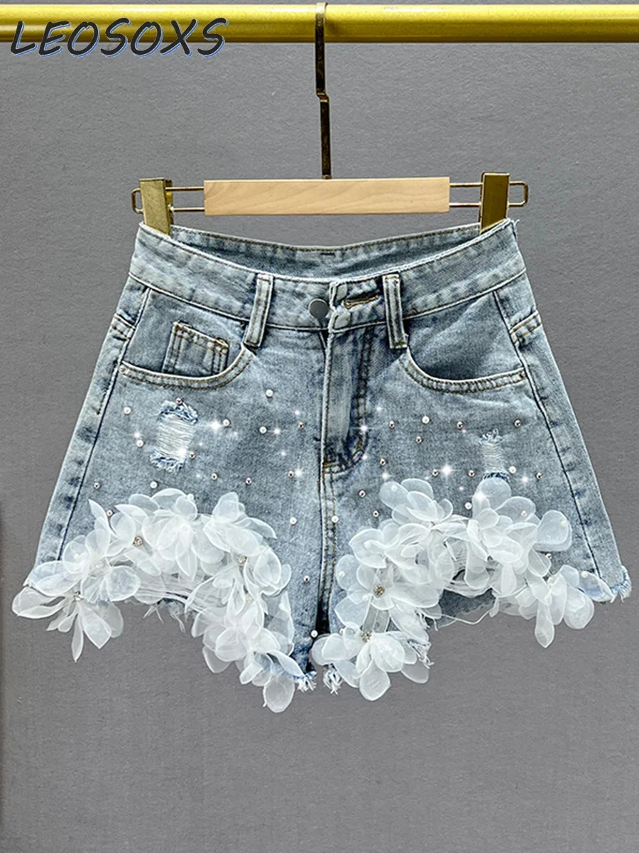 LEOSOXS Hot Sale Design Sense Denim Shorts Women's Trendy 2024 New Summer Wear High Waist Slim Slimming Beaded A- Line Hot Pants