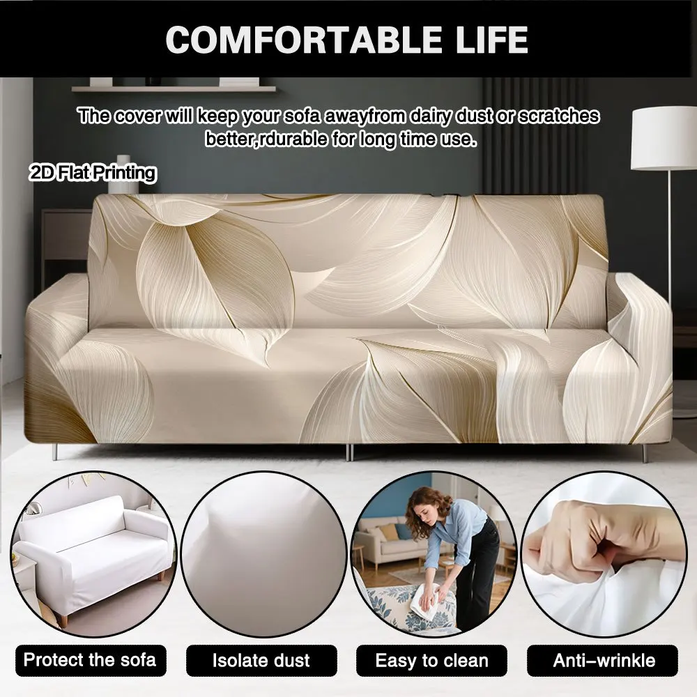 1pc Elastic Sofa Cover, Beige Abstract Gold Leaf Texture Couch Cover for Home Decor, Removable Washable Furniture Protector