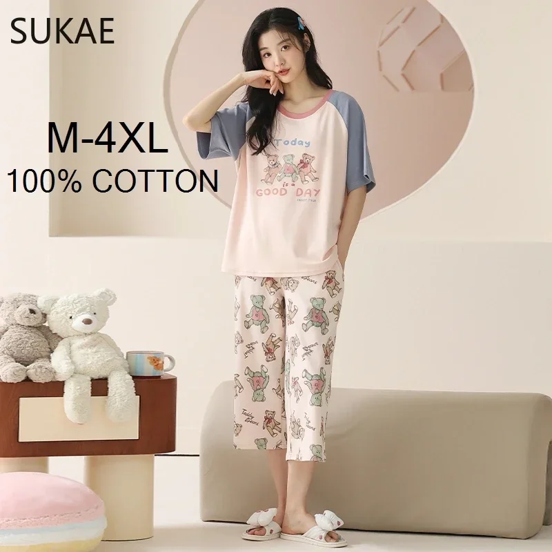 SUKAE 100% Cotton M-4XL Women Pajamas Set Summer Sleepwear Short Knee-length Pants Nightwear Capris Loungewear Cartoon Pijama