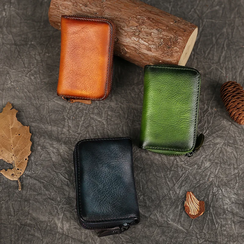 Skórzany mini portfel dla kobiet i mężczyzn z kieszonką na monety, 9 przegródek, wielofunkcyjny portfel na zamek błyskawiczny, kompaktowy organizer na karty i pieniądze.