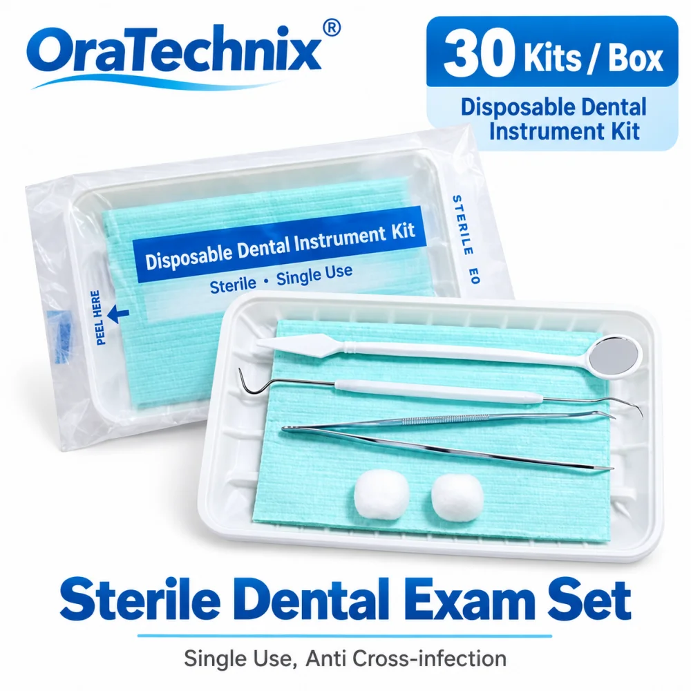 Disposable Dental Instrument Kit 30 Sets Sterile Dental Exam Mirror Probe Tweezer Napkin Cotton Ball Tray for Dental Clinic