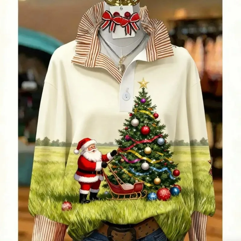 Women's striped fashionable shirt with multi-color striped collar and half button shirt pattern, Letter printed top