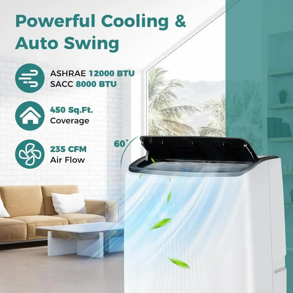 Condizionatore d'aria portatile da 12000 BTU con riscaldamento, condizionatore d'aria abilitato smart WiFi, ventola e deumidificatore, con timer 24 ore su 24