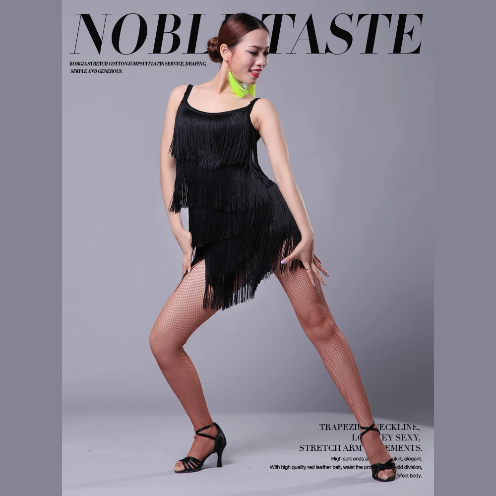 الفتيات النساء الحديثة قاعة الرقص اللاتينية فستان رقص شرابة هامش السالسا التانغو ملابس رقص مثير أحمر أسود أداء المرحلة ارتداء