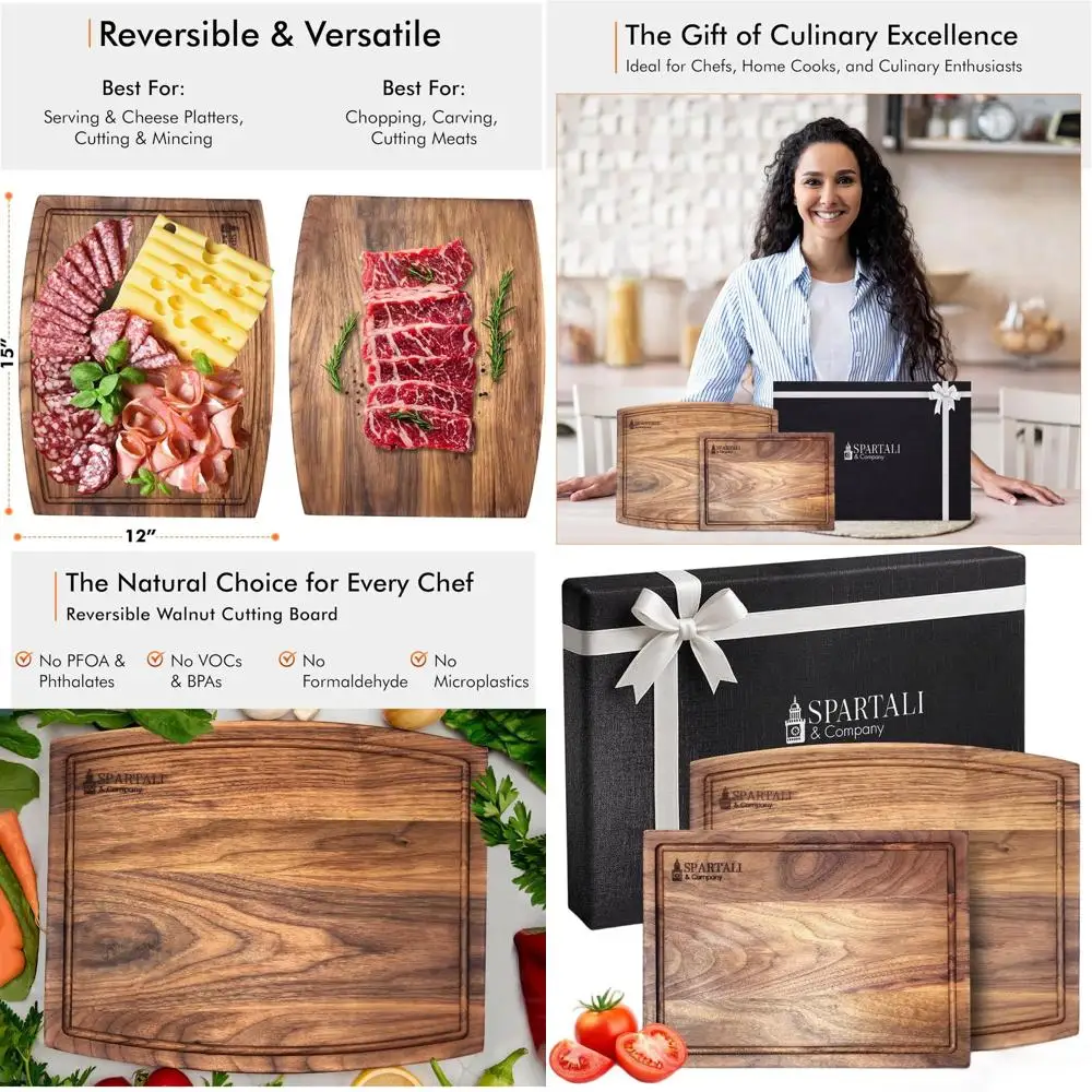 

American Black Walnut Chopping Boards, Reversible Set with Juice Grooves, 12x9 & 15x12, Gift Boxed