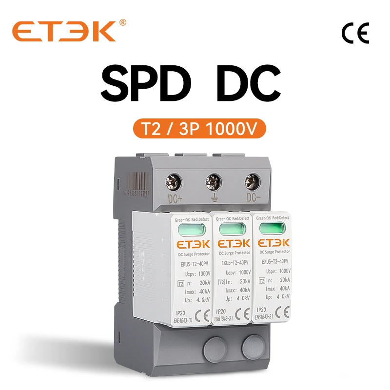 ETEK House Surge Protective Device Type PV SPD 3P DC 1000V 20-40KA Protector Arrester Low-voltage Protection EKU5-T2-40PV-3M1000