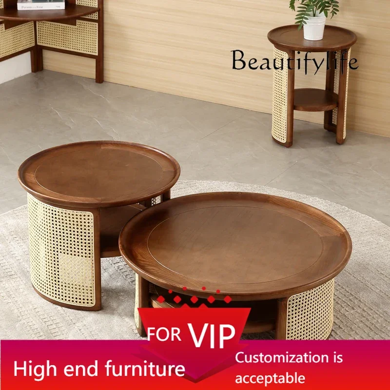 

UP Solid wood rattan coffee table Japanese round ins style home living room simple small apartment living room tatami table