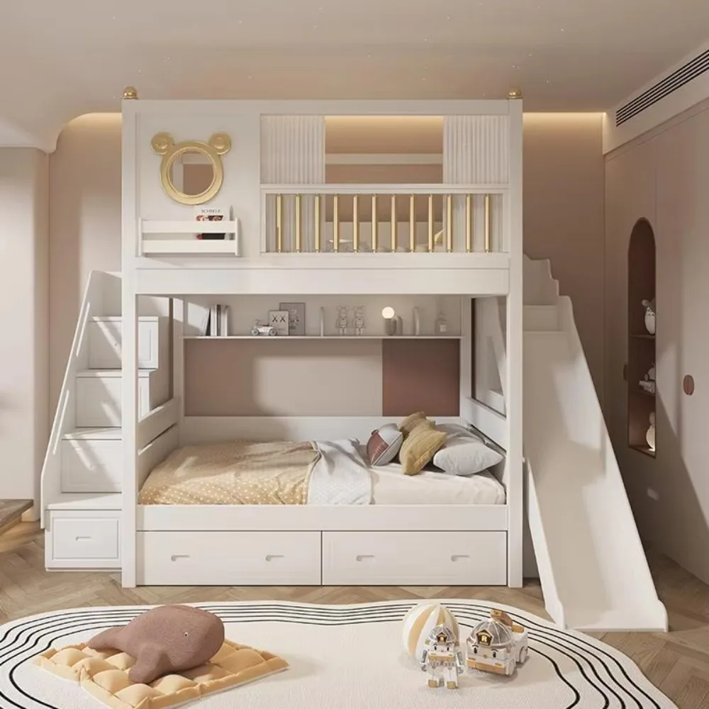 Moderna y Cómoda Litera de Madera con Diseño de Dos Niveles, Unisex, Ancho Adecuado para Cuarto de Niños, Sala de Estar, con Tobogán