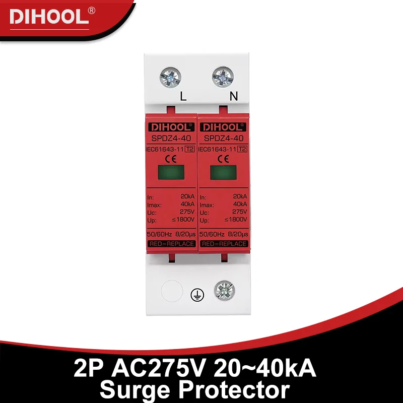 DIHOOL AC Surge Protector SPD 2P 20kA 40kA 275V Lightning Arrester Protection Device DIN Rail Mount Home Lighting Protector