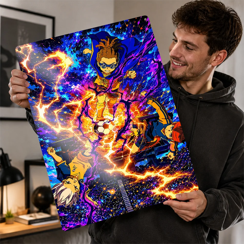 Inazuma Eleven Soccer Action Textured Metal Poster Anime Wall Art For Bedroom Personalized Aluminum Sign Video Game Fan Gift