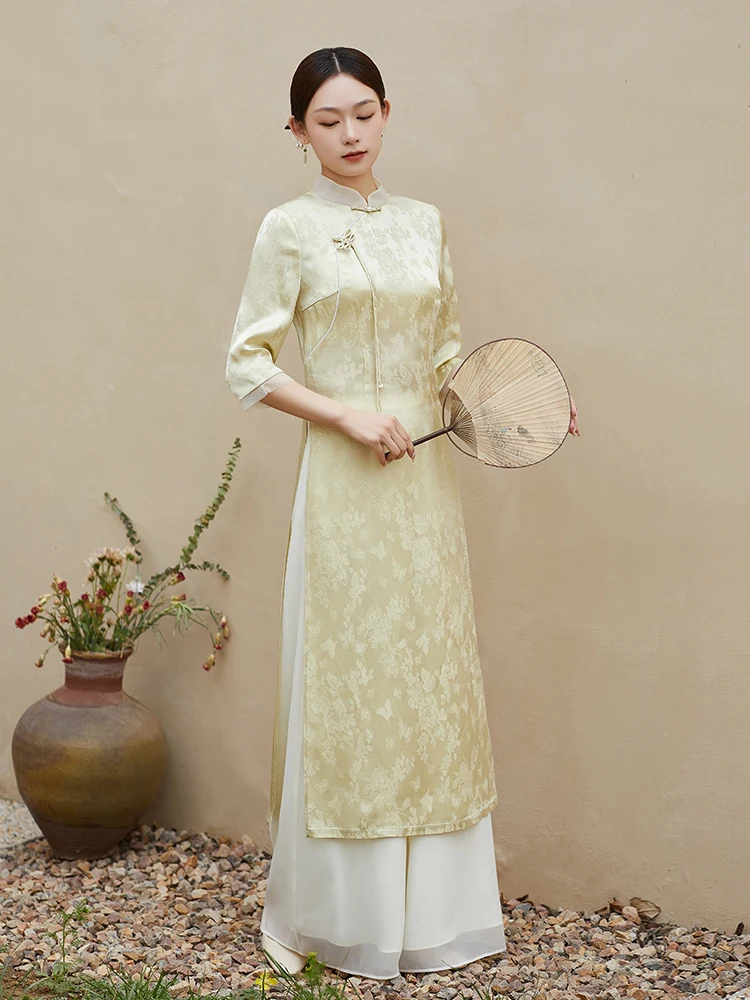 

New 2025 Chinese Sle Long Hanfu Dr Women's Summer High-End Improved Version Qipao Tang Suit Daily Wear Pure Color Retro