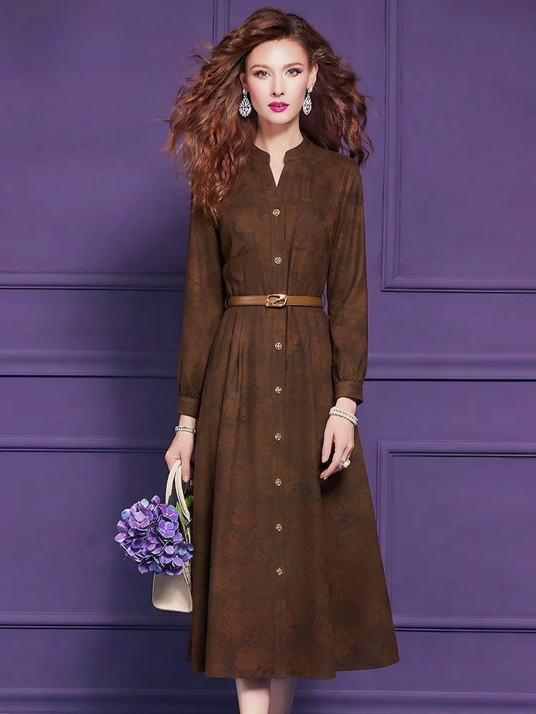 Elegant Floral Print Shirt Dress Women's Spring Summer New Retro High Waist A-Line Skirt Single Button Long Sleeve V-Neck Dress
