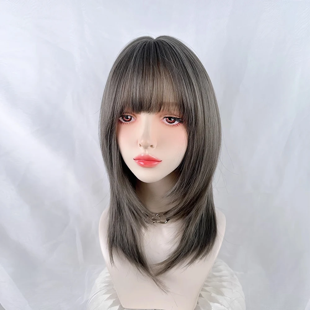 Peluca gris recta corta sintética para mujer, Cosplay de Lolita, peluca esponjosa con flequillo resistente al calor para fiesta diaria