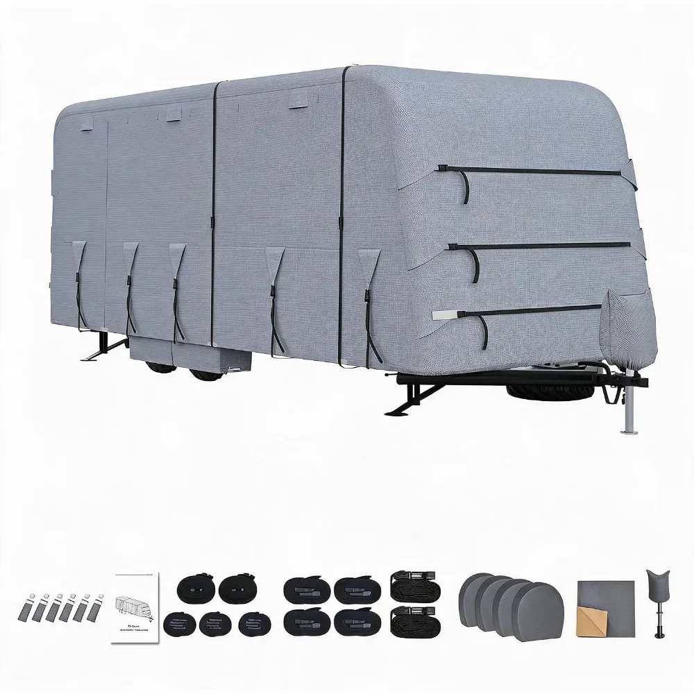 Garvee 33-35FT Robuste 4-lagige Allwetter-Wohnwagenabdeckung, Wasserdichter UV-beständiger Reißfester Atmungsaktiver Wohnmobil-Schutz, Reißverschlusspaneele & Lüftungsöffnungen, Komplettes Zubehör: