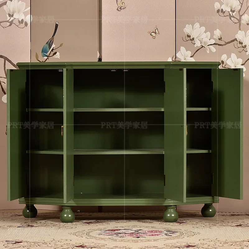 for American Rural Painted Landscape Solid Wood Four Door Cabinet Retro Entrance Living Room Storage Dining Side Cabinet
