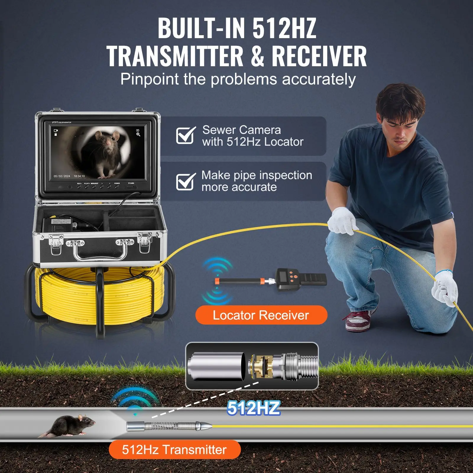 Sewer Camera with 512Hz Locator,165 Ft/50 M, Self-Leveling Drain Inspection Camera with 9