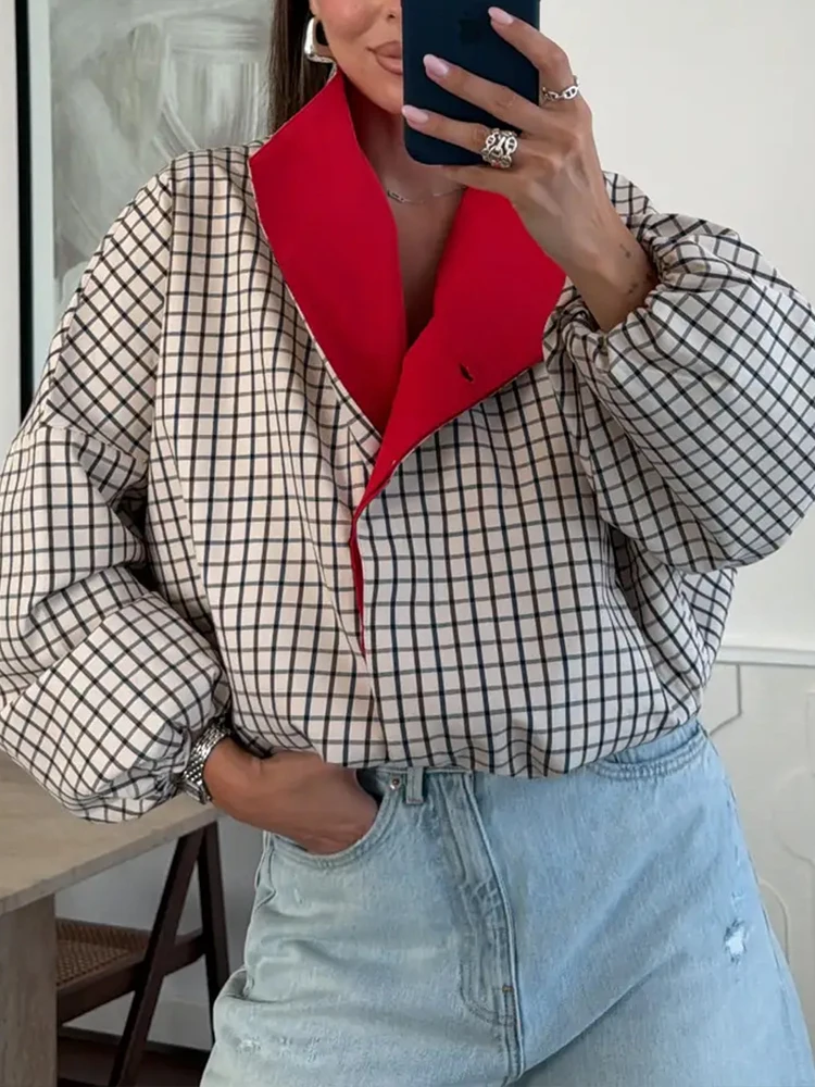 Vintage Grid Printed COntrast Color Jacket Casual Lapel Long Sleeve Loose Pocket Coat Autumn Winter New Women's Button Outerwear