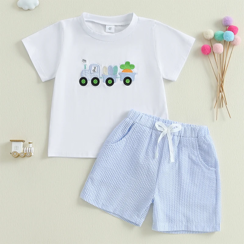 Children s Boys Easter Outfits with Bunny Rabbit Embroidery Crew Neck Short Sleeve Tops and Elastic Waist Shorts 2-Piece