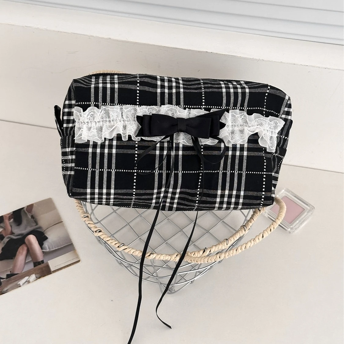 Nette Spitze Bogen frauen Leinwand Kosmetik Taschen Tragbare Damen Kupplung Geldbörse Lippenstift Make-Up Fall Mode Weibliche Lagerung Tasche – Detail 4