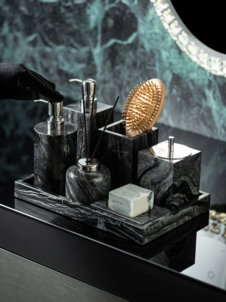 Tree Black Natural Marble Bathroom Set Soap Dish Soap Dispenser Tissue Box Tray Bathroom Accessories Set