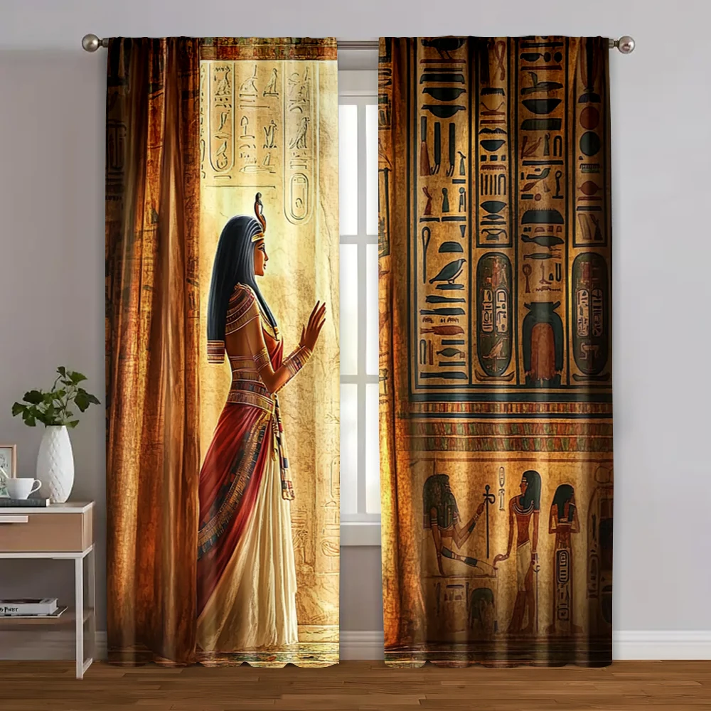 2pcs, Fashionable Curtains Cleopatra and hieroglyphics 100% Polyester (without rod) Room Decor Ldeal for Living Room and