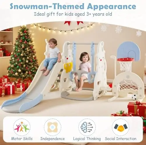 7 in 1 Toddler Slide and Swing Set, Indoor Outdoor Castle Climber Playset w/Baby Swing, Basketball Hoop, Tele, Storage