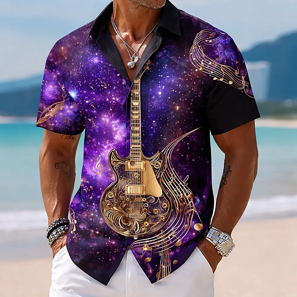 Men's Short Sleeve Starry Sky Guitar Music Shirt 3D Print Button Up Turndown Collar Shirts Red Purple Brown Green for Summer