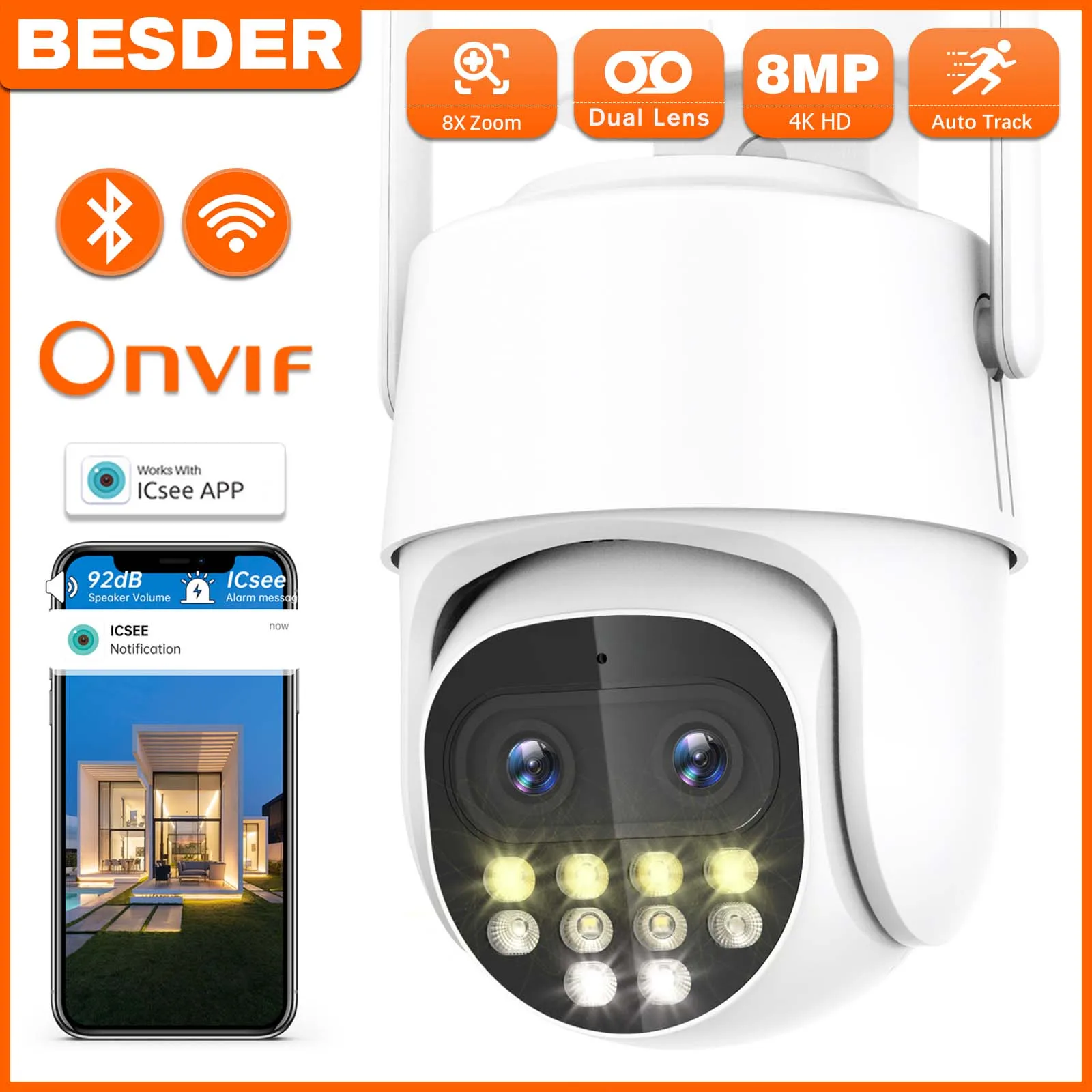 

8MP PTZ Wifi Camera 8X Digital Zoom AI Person/Animal/Vehicle Detection CCTV Home Surveillance IP Camera Work With Alexa