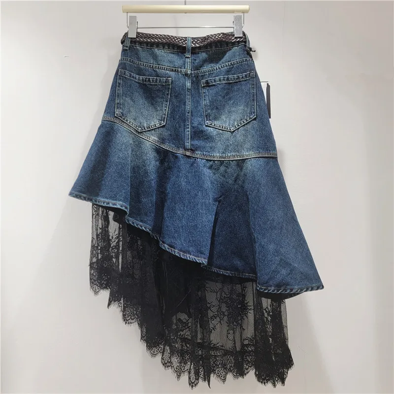 HKSH Women Skirt Distressed Washed Denim Patchwork Lace Pleated Asymmetric Niche Belted Retro Chic Y2K Skirts New Summer HK21381
