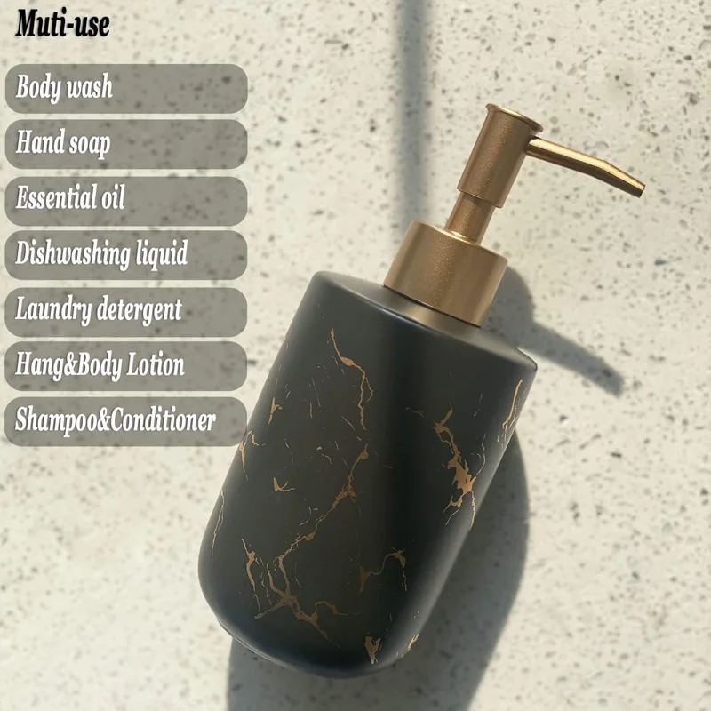 1 PCS 300ml Ceramic Soap Dispenser Refillable Marble Pattern Essential Oil Liquid Shampoo Pump Bottle Bathroom Kitchen Container