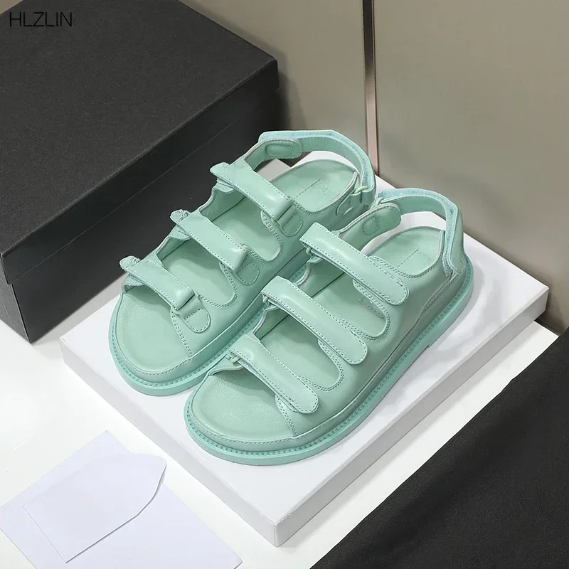 Modern Women Solid Color Genuine Leather Sandals Stylish Triple Strap Summer Beach Comfortable Sandals Leather comfortable