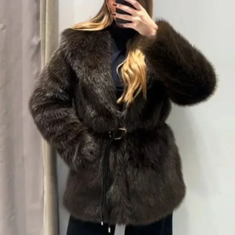 

2025 New Mid-Length Faux Fur Jackets Turn-Down Lapel Fall Winter Thickened Warm Vegan Fur Fluffy Chic Jackets Tops Outerwear
