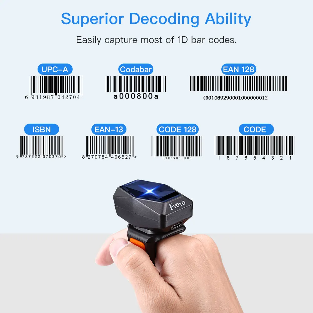 Imagem -04 - Eyoyo Ey016 1d & 2d Wearable Bluetooth Barcode Scanner Usb Wired qr Reader para Loja Armazém Finger Trigger Buttton Scanning