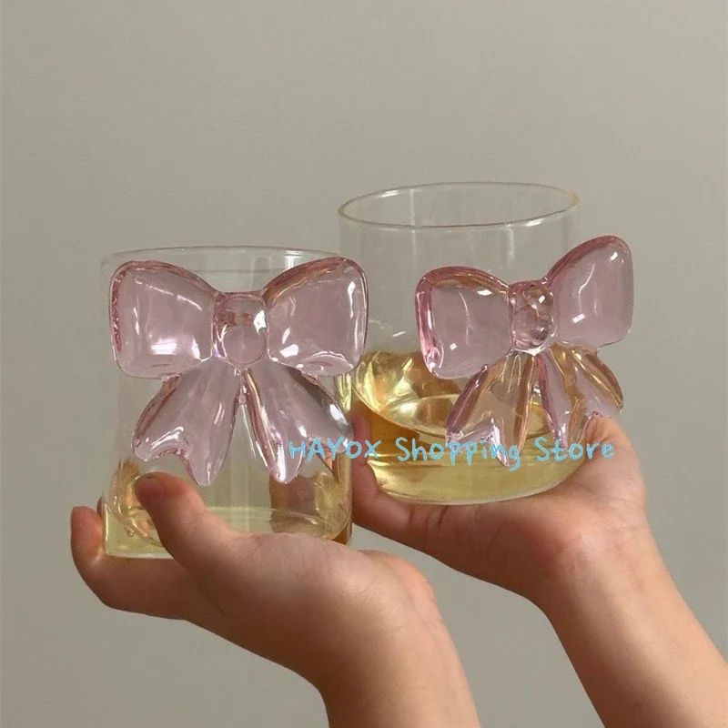 Pink Big Bow Glass Heat-resistant Coffee Cup Home Cute Cold Drink Ice Cream Cup Light Luxury Simple Glass Tableware Mug Gift