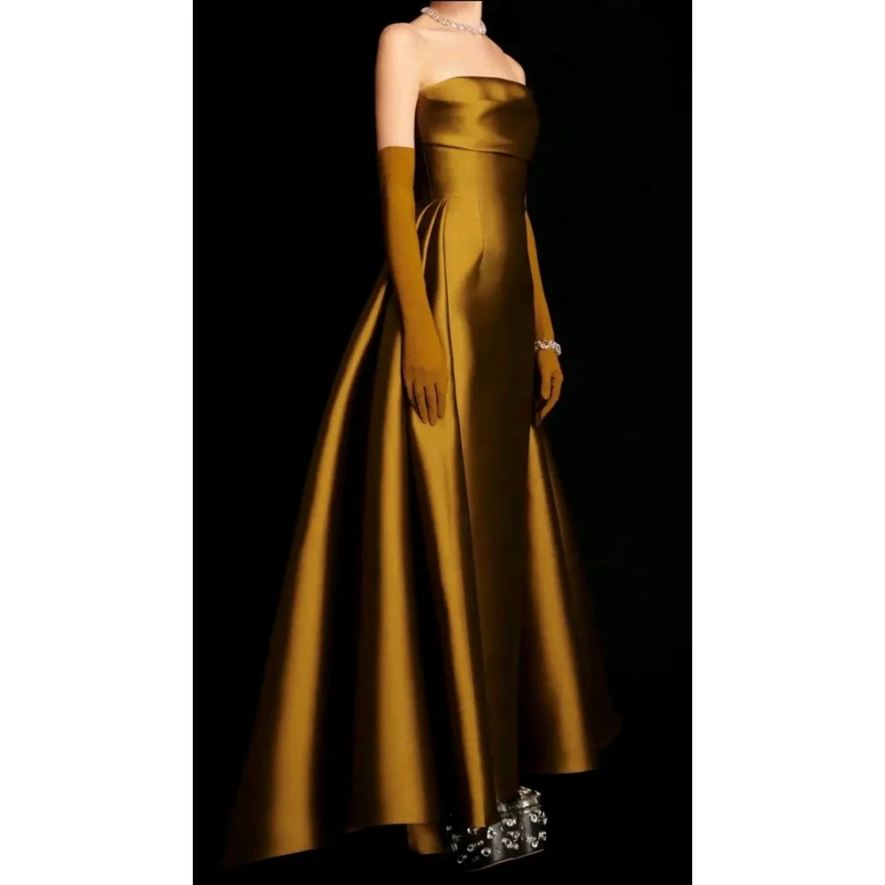 

Customized Gorgeous Strapless Draped Ruffles Straight Evening Party Dress Shiny Satin Formal Prom Gowns(No long gloves)
