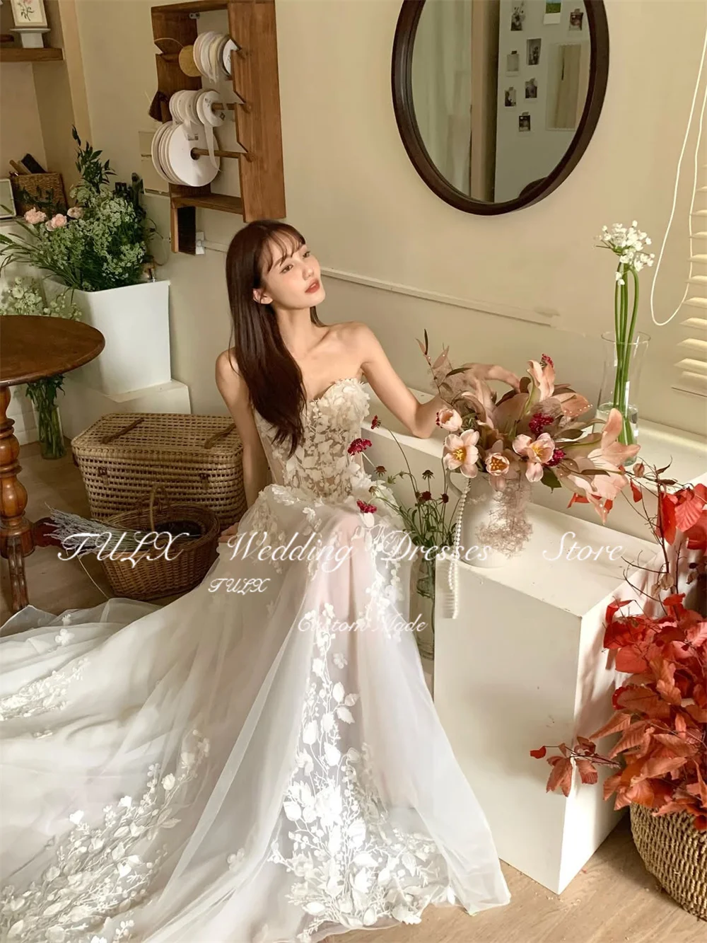 TULX 高級アイボリーレース A ラインロングウェディングドレス韓国写真撮影セクシーな恋人ブライダルドレスコルセットカスタマイズ 웨딩드레스