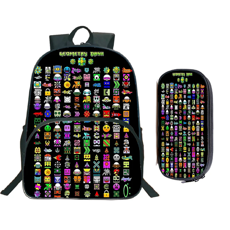 Jogo Geometry Dash Print Mochila com estojo para crianças, mochila dos desenhos animados com raiva, bolsa para laptop de grande capacidade