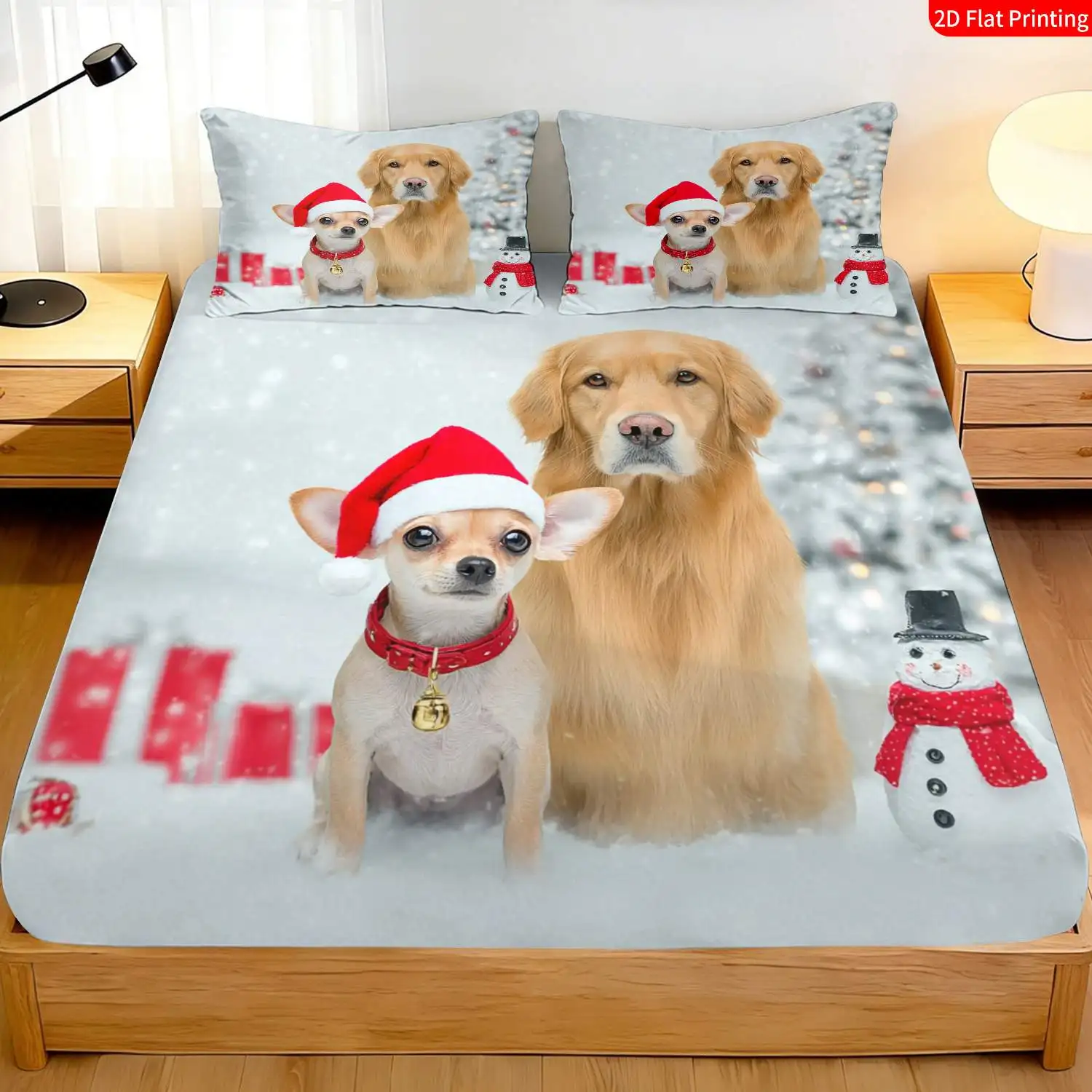 Christmas 2D Digital Print Three-Piece Bedding Set (includes 1 fitted sheet + 2 pillowcases) Mattress Protector, Fitted Sheet Style with Elastic Band, Protective Cover, Mattress Protector, Christmas-Themed Bedding with Santa Hat, Long-Haired Husky, Golden Retriever, Mastiff, Snowman Prints