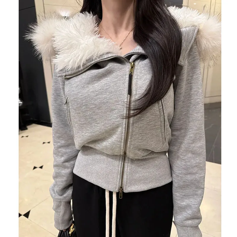 

Women's Cotton Jaet Autumn Winter New Sle Thiened Warm Collar Zipper Hooded Sweatirt Outerwear Slim Fit Fce Lined